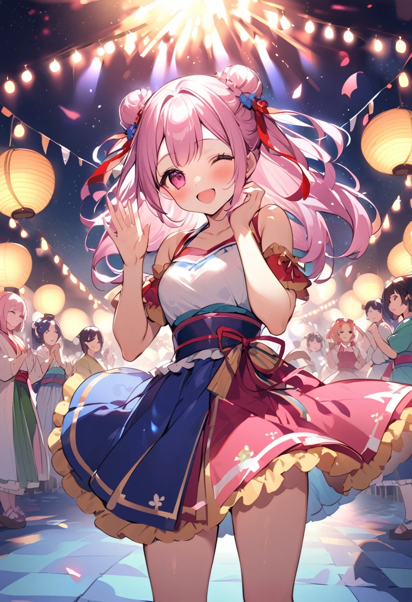 Highest quality、High resolution、Detailed Background、age beauty、Detailed face、cuteカラーの髪色、Bun Hair、Perfect body line、(Bon Odori venueでdancing lively少女:1.5)、(Dancing with hands up high:1.5)、night、Festivals、Bon Odori venue、A big smile、cute柄の浴衣、dancing lively、Waving your hands back and forth、Waving your hands left and right、Coordinated hand and foot movements、Traditional Japanese summer festivals、盆踊りはnightに行われるため提灯やランタンが灯りを灯し幻想的な雰囲気を醸し出します、cute