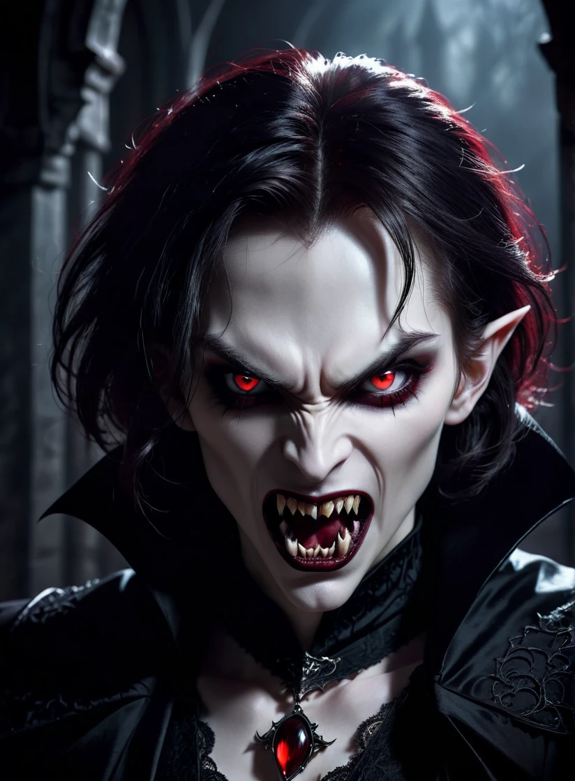 a vampire with large canines, extremely detailed eyes and face, sharp fangs, pale skin, dark clothing, red eyes, dramatic lighting, cinematic, dark fantasy, chiaroscuro, moody, atmospheric, gothic, dramatic pose, dramatic expression