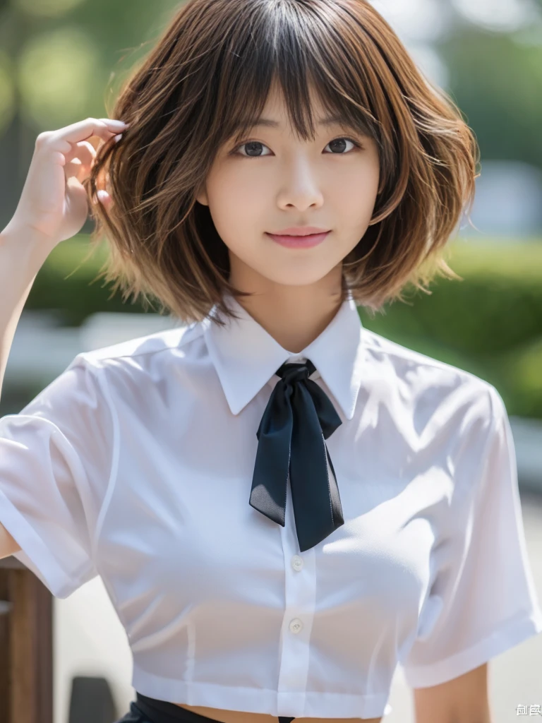 ((Highest quality、In 8K、masterpiece:1.3))、Sharp focus:1.2、Beautiful woman perfect body:1.4、Slim Abs:1.2、((Short Hair:1.2))、(trendy fashion in tokyo、shirt:1.1)、White background、Wet body:1.5、Three-dimensional texture、Detailed eyes、（Brown Hair、Black Hair:1.2)、Very shiny hair、Backward view、Hair quality improvement、Handsome short、Short-haired blonde。