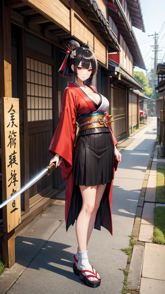 Black hair geisha hairstyle adult women，kimono，cleavage，long skirt，Bare Legs，White socks，Straw sandals，Japanese samurai sword，Japanese shogunate era streets