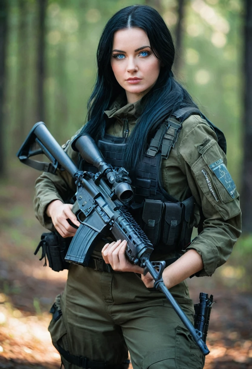 A young woman with black hair and blue eyes, dressed in military attire, posing for a photo shoot holding a rifle outdoors, uma reminiscência de Call of Duty e Escape from Tarkov's Private Military Company (PMC), on the right arm, there is volumetric lighting, soft glow, Depth of field, highly detailed photograph, low-contrast, pastel colours, como Kodak Portra 400, in 8k resolution, gazing at viewer, perfect hands, war zone background
