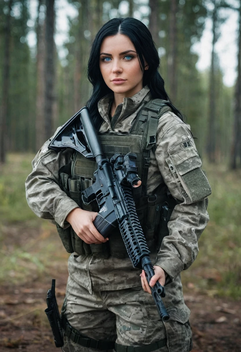 A young woman with black  hair and blue eyes, dressed in military attire, posing for a photo shoot holding a rifle outdoors, uma reminiscência de Call of Duty e Escape from Tarkov&#39;s Private Military Company (PMC),  on the right arm, there is volumetric lighting, soft glow, Depth of field, highly detailed photograph, low-contrast, pastel colours, como Kodak Portra 400, in 8k resolution, gazing at viewer, perfect hands, war zone background