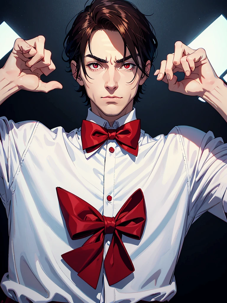 portrait of a close up of a man. his hands is up and fingers towards the camera, he is making hypnosis.He has Red eyes and white short hair, wearing white, his hands up and a bow tie. he is making hypnosise with his hand. Dracula style. comics anime style, 70s poster, pop punk art style (No background) (portrait of his upper body)
