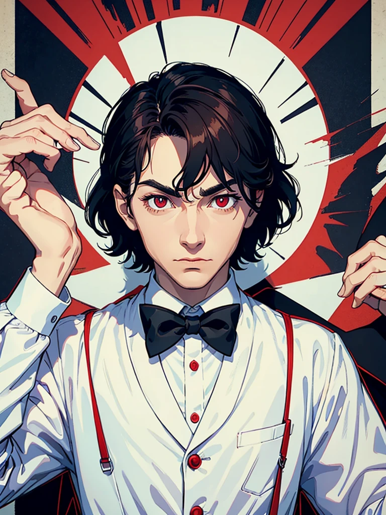 portrait of a close up of a man. his hands is up and fingers towards the camera, he is making hypnosis.He has Red eyes and white short hair, wearing white, his hands up and a bow tie. he is making hypnosise with his hand. Dracula style. comics anime style, 70s poster, pop punk art style (No background) (portrait of his upper body)