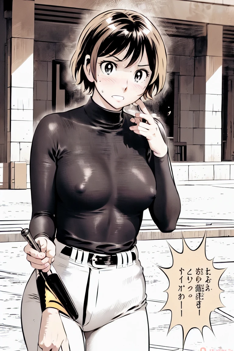 (野球uniform:1.2),
blonde, (short hair:1.2),Long sleeve, Black Shirt, turtleneck,White trousers、uniform、Black belt、((Illustration of people))、big 、
View your viewers,, (Highest quality:1.3),One Girl, White pants、uniform、Outdoor、baseball ground、ground、soil、blue eyes、Tight black shirt、(masterpiece、Highest quality)、Highest quality, Ultra-high resolution, (((masterpiece))), alone, Sweat、big eyes、big Breasts、Torn clothes、 Fully exposed、Nipples、One Girl, Front view、Embarrassed face、Bronze colored hair、((short hair))、Stand up straight、Cowboy Shot