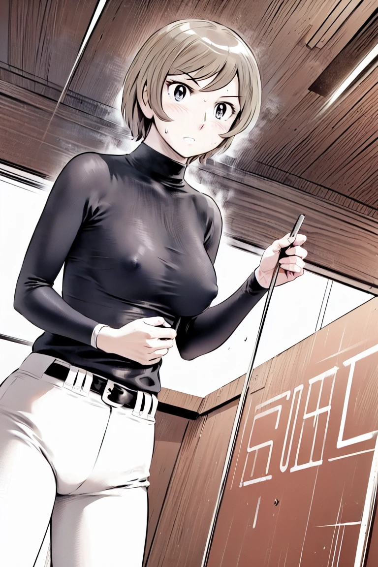 (野球uniform:1.2),
blonde, (short hair:1.2),Long sleeve, Black Shirt, turtleneck,White trousers、uniform、Black belt、((Illustration of people))、big 、
View your viewers,, (Highest quality:1.3),One Girl, White pants、uniform、Outdoor、baseball ground、ground、soil、blue eyes、Tight black shirt、(masterpiece、Highest quality)、Highest quality, Ultra-high resolution, (((masterpiece))), alone, Sweat、big eyes、big Breasts、Torn clothes、 Fully exposed、Nipples、One Girl, Front view、Embarrassed face、Bronze colored hair、((short hair))、Stand up straight、Cowboy Shot