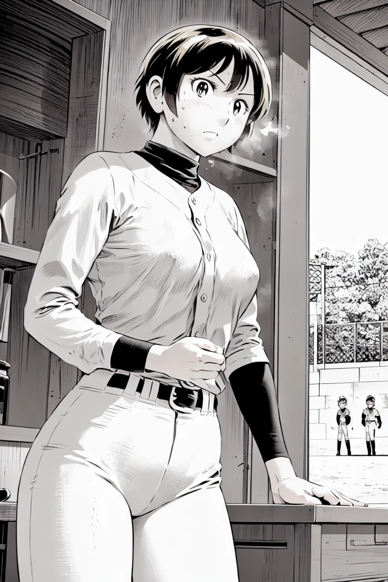 (野球uniform:1.2),
blonde, (short hair:1.2),Long sleeve, Black Shirt, turtleneck,White trousers、uniform、Black belt、((Illustration of people))、big 、
View your viewers,, (Highest quality:1.3),One Girl, White pants、uniform、Outdoor、baseball ground、ground、soil、blue eyes、Tight black shirt、(masterpiece、Highest quality)、Highest quality, Ultra-high resolution, (((masterpiece))), alone, Sweat、big eyes、big Breasts、Torn clothes、 Fully exposed、Nipples、One Girl, Front view、Embarrassed face、Bronze colored hair、((short hair))、Stand up straight、Cowboy Shot