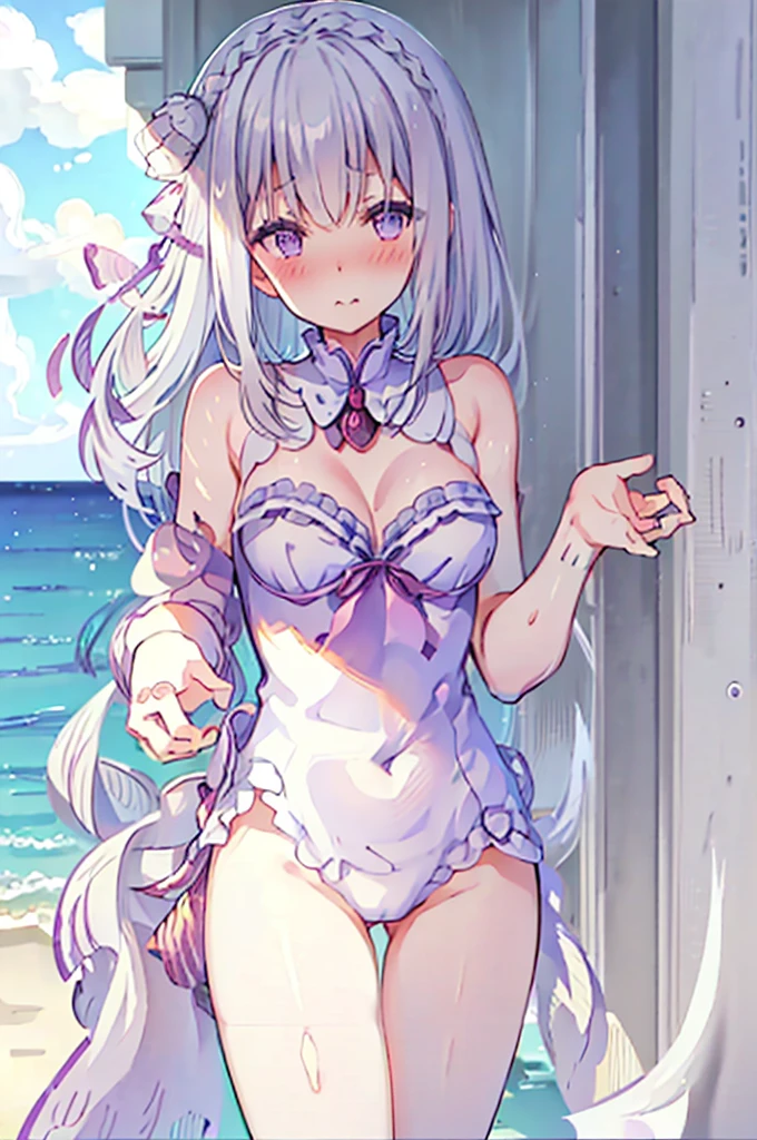 Random pose、Random swimsuit appearance、Sexy swimsuit、NFSW、Random pose、Polka dot bikini、Polka dot bikini、Light silver hair、Semi-long hair、Random pose、Ocean、Sandy Beach、Blushing、Embarrassed expression、、Pale purple eyes、、Blushing、lipstick、Perfect hands、Detailed hands、Wet、