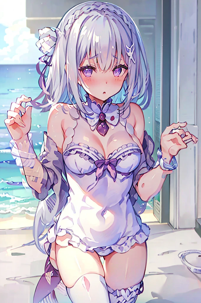 Random pose、Random swimsuit appearance、Sexy swimsuit、NFSW、Random pose、Polka dot bikini、Polka dot bikini、Light silver hair、Semi-long hair、Random pose、Ocean、Sandy Beach、Blushing、Embarrassed expression、、Pale purple eyes、、Blushing、lipstick、Perfect hands、Detailed hands、Wet、