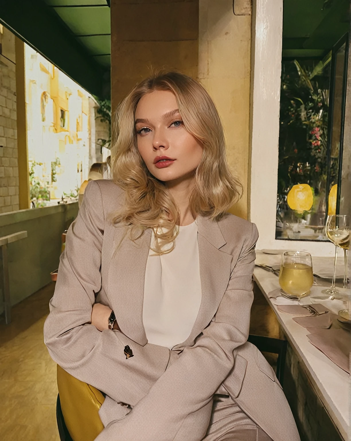 blonde woman sitting on a chair in a restaurant with a glass of wine, Anna Nikonova aka Newmilky, girl in suit, girl in suit, Style of Julia Razumova, Yelena Belova, Dasha Taran, by Emma Andijewska, Julia Gorokhova, A girl with blonde hair, inspired by Florence Engelbach