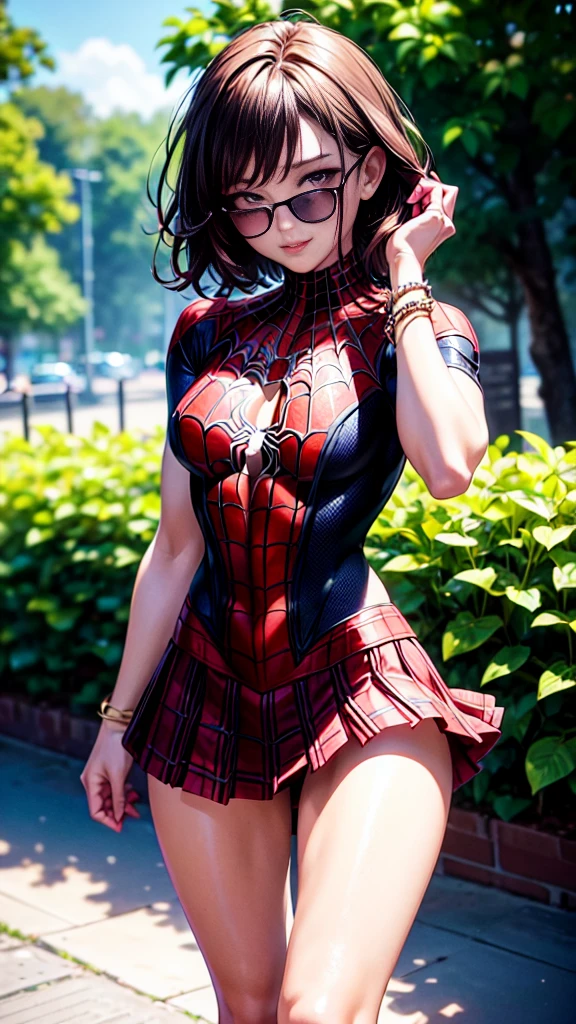 full body, (spider-man suit), nsfw, random view, best quality, masterpiece, movie grain, filmg, 1girl, looking at viewer, natural skin texture, realistic eye and face details, full lips, lips , (makeup), red eyeshadow, short messy hair, smile, open legs, slim complexion, slim_legs, only 1 woman, pre-large chest, cleavage, ((20% plaid miniskirt)), open white shirt, beautiful nature around flower location, (detailed background), neckline, Show a small cleavage through the shirt, blurred background, short sleeves, jk ribbon on the neck, brown-hair, bracelet, water, bangs, pleated skirt, depth of field, side sunlight rear, canon eos 50mm camera
