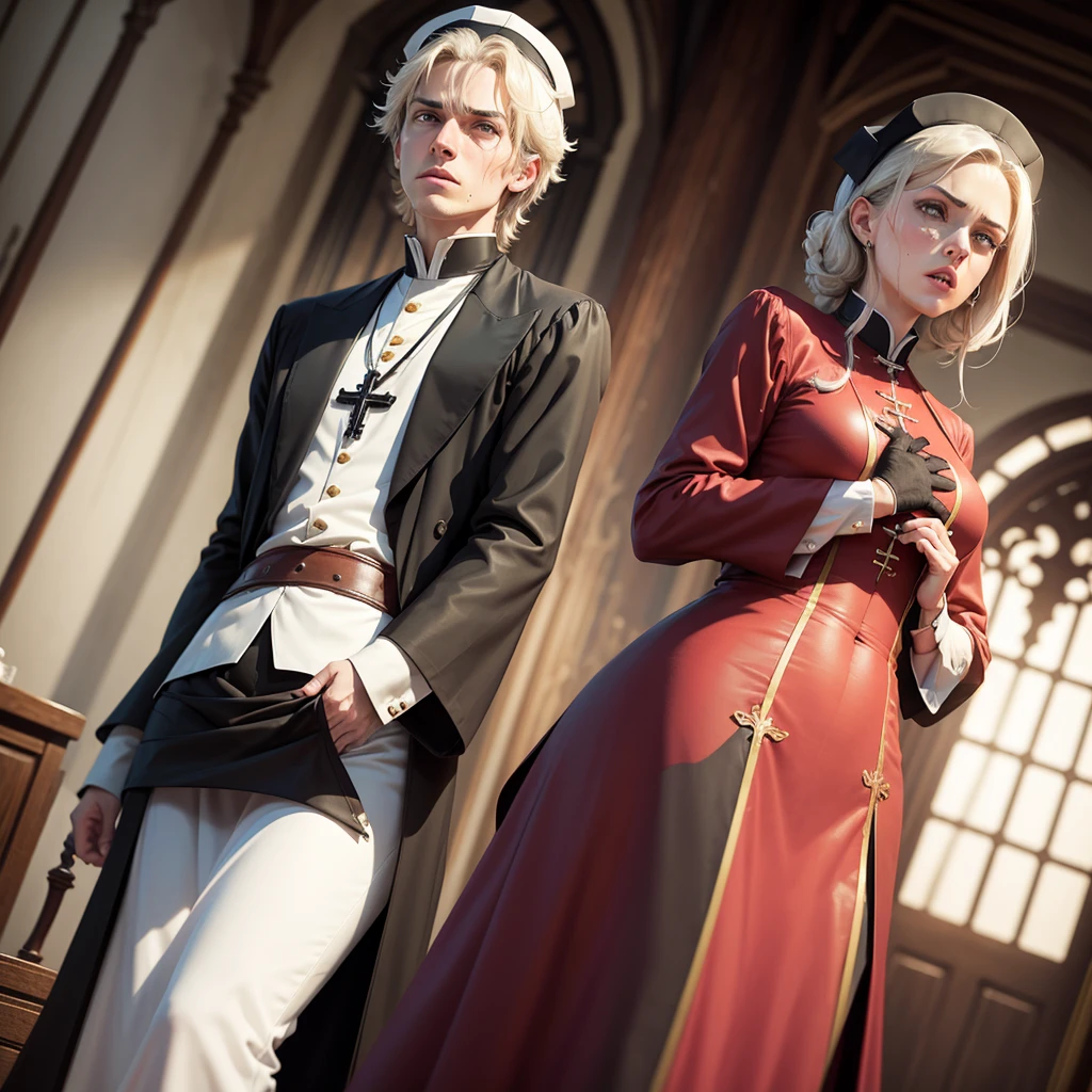 (((masterpiece))) (((best quality))) a men ,wearing a victorian style pink ball gown,with gathers near the waist,blonde hair tied into a neat bun,wearing a victorian era style hat, men, no breasts