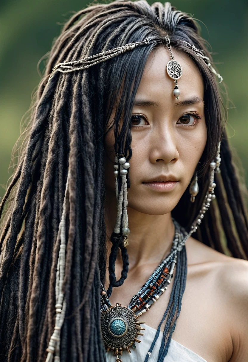 Close-up portrait photography, Beautiful Japanese woman with very long black dreadlocks and loose hair, Long and beautiful、Slim and、Elegant and confident、A face with fine wrinkles, Beautiful big brown eyes, Elegant and thin silver face chain accessory, fantasy tribal charm inspiration