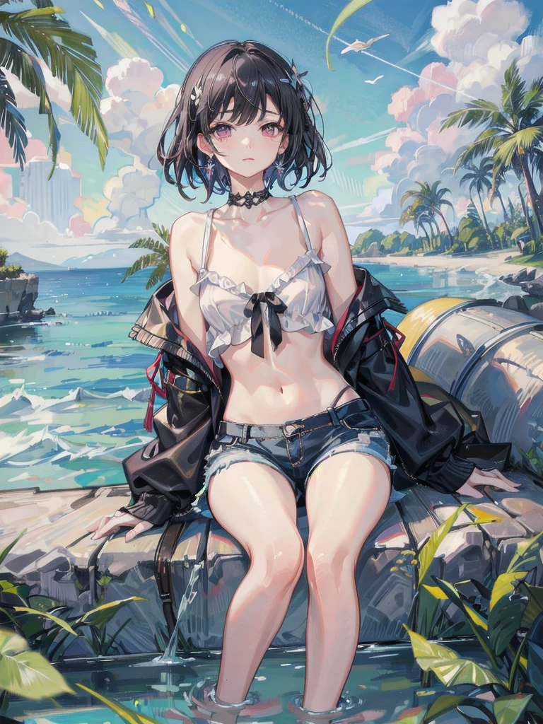 absurdres, RAW photo, extremely delicate and beautiful, masterpiece, Best Quality, ultra high resolution, 32k, hyperrealistic, ultra-detailed, perfect figure, in her 20s, very small head, very small face, delicate facial features, tearful mole, earring, very huge breasts, bare legs, full body shot, medium hair, black hair, colored inner hair, casual, blouse, white shirt, buttoned shirt, bare shoulders, collarbone, navel, shorts, straw hat,