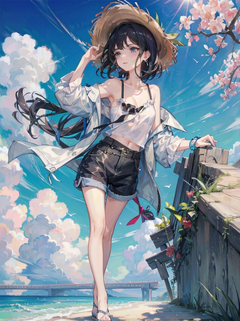 absurdres, RAW photo, extremely delicate and beautiful, masterpiece, Best Quality, ultra high resolution, 32k, hyperrealistic, ultra-detailed, perfect figure, in her 20s, very small head, very small face, delicate facial features, tearful mole, earring, very huge breasts, bare legs, full body shot, medium hair, black hair, colored inner hair, casual, blouse, white shirt, buttoned shirt, bare shoulders, collarbone, navel, shorts, straw hat,