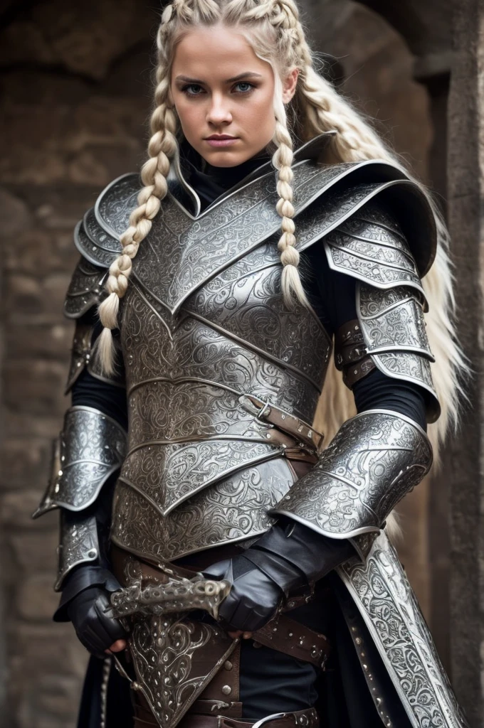 This image portrays a fierce and powerful female warrior. She has long, blonde hair styled in braids and wears detailed, silver armor with fur accents, giving her a formidable and commanding presence. Her armor includes shoulder guards, gauntlets, and knee-high boots, all intricately designed with a blend of medieval and fantasy elements. She has a large sword slung over her back, hinting at her combat prowess. Her confident expression and strong stance further emphasize her warrior nature.