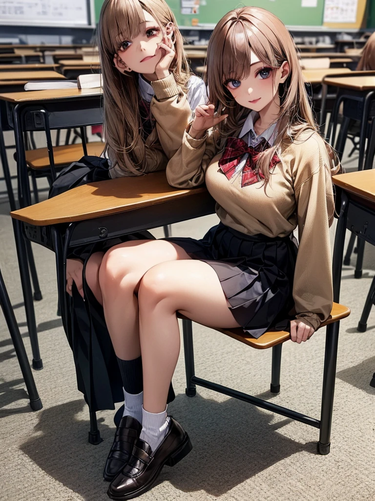 (Best Quality:1.2), (Beautiful detailed:1.2), (Detailed eyes and skin), (detailed facial features), nffsw, Perfect Style, Beautiful face, Anatomically correct, Highly detailed face and skin texture, Glossy skin, nanashi_yuzuriha, BREAK (1girl:1.3),(solo), (sitting:1.3), (Girl chatting with friends in classroom:1.2), Perfect Eyes, Symmetry Eyes, (dramatic makeup: 1.3), (Heavy makeup: 1.3), (dark brown eyes:1.2) (tuck-out sweater,sweater pull:1.3), (School Uniforms:1.2), (wear a beige knit-sweater over a white shirt:1.2), (red bow:1.3), (plaid pattern pleated skirt:1.2), (perfect hand:1.2), (mall hand:1.2), Beautiful thighs, very detailed thighs, BREAK (full body:1.5), Fantastic classroom atmosphere, lively, ultra detailed background,