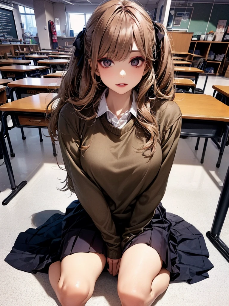 (Best Quality:1.2), (Beautiful detailed:1.2), (Detailed eyes and skin), (detailed facial features), nffsw, Perfect Style, Beautiful face, Anatomically correct, Highly detailed face and skin texture, Glossy skin, nanashi_yuzuriha, BREAK (1girl:1.3),(solo), (sitting:1.3), (Girl chatting with friends in classroom:1.2), Perfect Eyes, Symmetry Eyes, (dramatic makeup: 1.3), (Heavy makeup: 1.3), (dark brown eyes:1.2) (tuck-out sweater,sweater pull:1.3), (School Uniforms:1.2), (wear a beige knit-sweater over a white shirt:1.2), (red bow:1.3), (plaid pattern pleated skirt:1.2), (perfect hand:1.2), (mall hand:1.2), Beautiful thighs, very detailed thighs, BREAK (full body:1.5), Fantastic classroom atmosphere, lively, ultra detailed background,