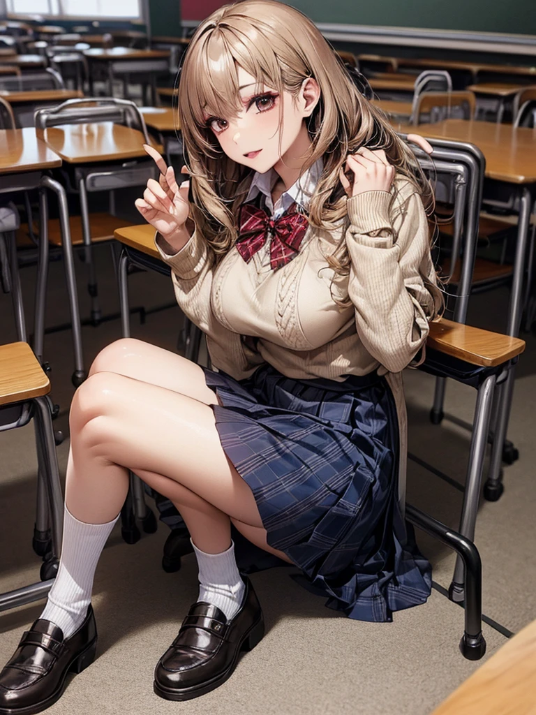 (Best Quality:1.2), (Beautiful detailed:1.2), (Detailed eyes and skin), (detailed facial features), nffsw, Perfect Style, Beautiful face, Anatomically correct, Highly detailed face and skin texture, Glossy skin, nanashi_yuzuriha, BREAK (1girl:1.3),(solo), (sitting:1.3), (Girl chatting with friends in classroom:1.2), Perfect Eyes, Symmetry Eyes, (dramatic makeup: 1.3), (Heavy makeup: 1.3), (dark brown eyes:1.2) (tuck-out sweater,sweater pull:1.3), (School Uniforms:1.2), (wear a beige knit-sweater over a white shirt:1.2), (red bow:1.3), (plaid pattern pleated skirt:1.2), (perfect hand:1.2), (mall hand:1.2), Beautiful thighs, very detailed thighs, BREAK (full body:1.5), Fantastic classroom atmosphere, lively, ultra detailed background,