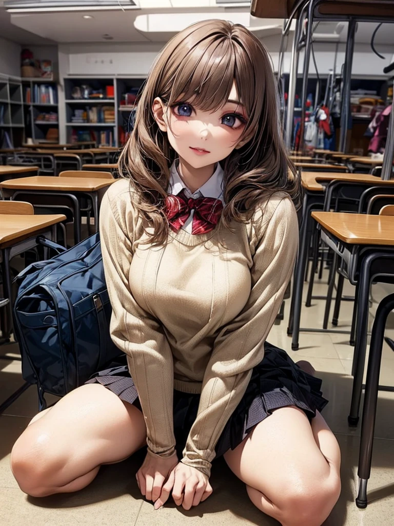 (Best Quality:1.2), (Beautiful detailed:1.2), (Detailed eyes and skin), (detailed facial features), nffsw, Perfect Style, Beautiful face, Anatomically correct, Highly detailed face and skin texture, Glossy skin, nanashi_yuzuriha, BREAK (1girl:1.3),(solo), (sitting:1.3), (Girl chatting with friends in classroom:1.2), Perfect Eyes, Symmetry Eyes, (dramatic makeup: 1.3), (Heavy makeup: 1.3), (dark brown eyes:1.2) (tuck-out sweater,sweater pull:1.3), (School Uniforms:1.2), (wear a beige knit-sweater over a white shirt:1.2), (red bow:1.3), (plaid pattern pleated skirt:1.2), (perfect hand:1.2), (mall hand:1.2), Beautiful thighs, very detailed thighs, BREAK (full body:1.5), Fantastic classroom atmosphere, lively, ultra detailed background,