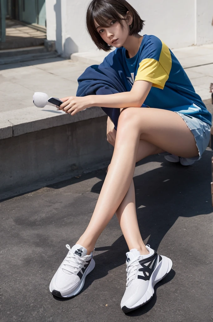Girl Standing In Schoolyard, Cumulonimbus clouds floating in the summer sky, (Navy blue school swimsuit:1.1), On a white t-shirt, school bag, 15 years old, (Very slim:1.4), Thin thighs, knees, Brown eyes, Short hair tied low