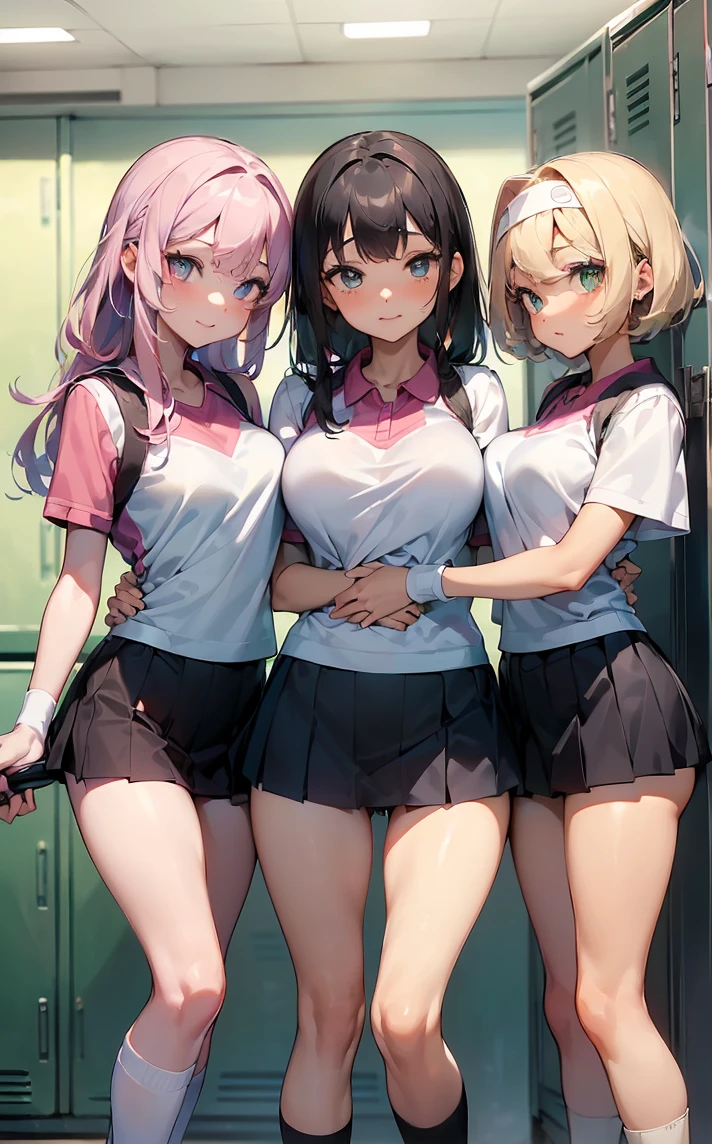 (Cute eyes:1.2), (Sparkling eyes:1.2),(Beautiful Eyes:1.2), Highest quality,wonderful,finely,Highly detailed CG Unity 8k wallpaper, (The three of them hugged each other:1.3),(Caress your:1.5),(Three people of different heights:1.5), (Three Girls, Tennis Player, Skinny body, Dressed), (Huge breasts), (Open your mouth:1.1),(Black knee socks:1.3),(Thighs:1.3),(Waistline:1.2),(Matching tennis uniforms:1.4),(From behind:1.2),(Beautiful Eyes:1.2),(Different hairstyles),(Senior and Junior:1.3),(All three have different eye colors:1.5),(All three have different skin colors.:1.5),(Thighsまで隠れるニーソックス:1.2),Upper Body,(locker room:1.3),(Love Juice:1.3),(Pink Tennis Wear:1.3)