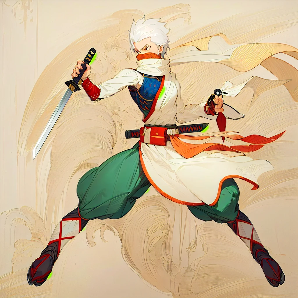 anime character with sword and scarf in a fighting pose, angry character wielding a sword, dramatic wielding sword pose, with large sword, anime style character, anime in fantasy style, clean lineart and color, concept art of a monk, warrior character design, carrying scabbard on his back, picture of an adult Japanese male warrior. white hair