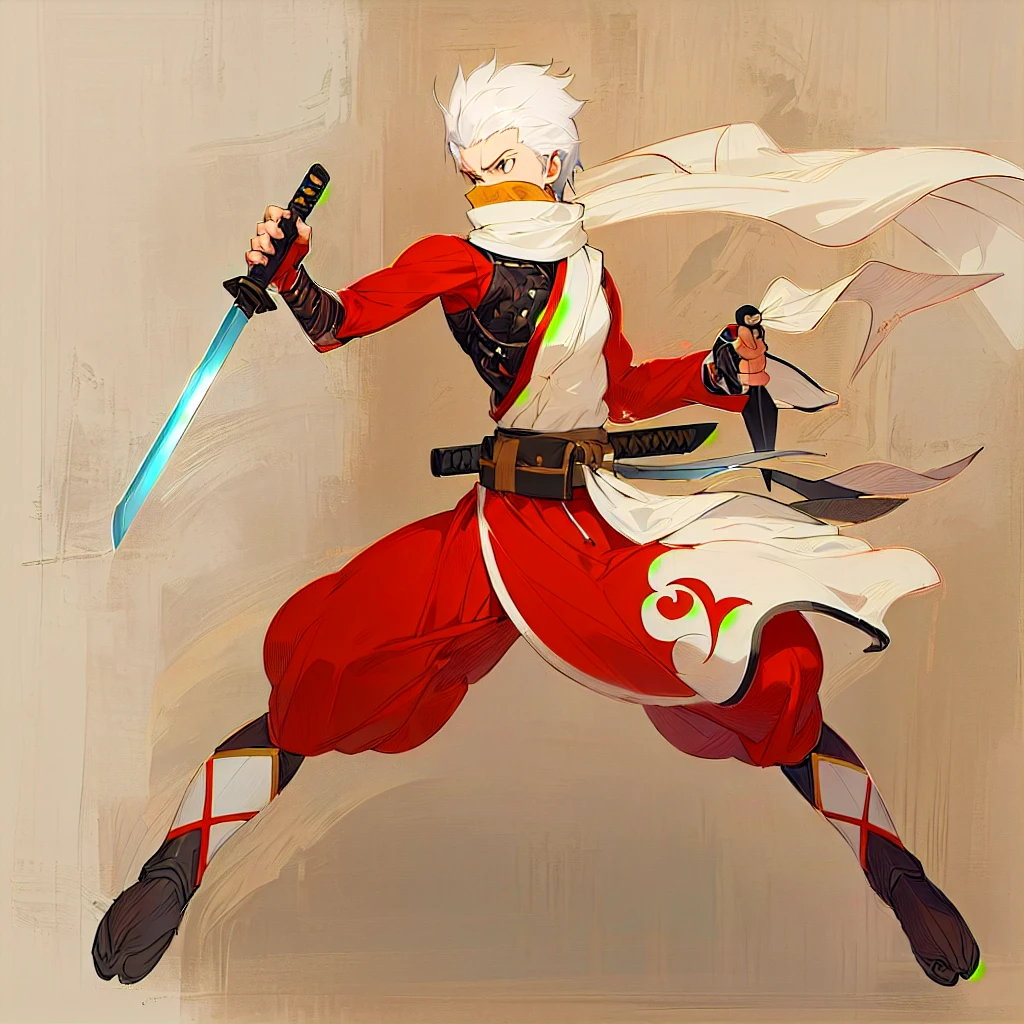 anime character with sword and scarf in a fighting pose, angry character wielding a sword, dramatic wielding sword pose, with large sword, anime style character, anime in fantasy style, clean lineart and color, concept art of a monk, warrior character design, carrying scabbard on his back, picture of an adult Japanese male warrior. white hair