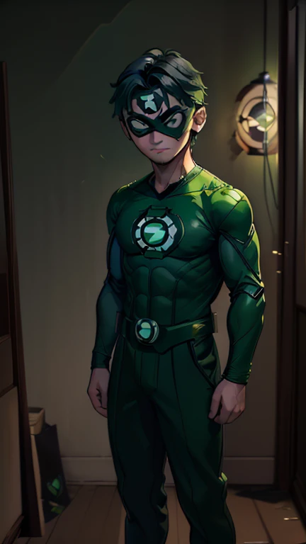 best quality,masterpiece,1boy,solo,(((15years old))),japanese boy,an extremely cute and handsome boy,highly detailed beautiful face and eyes,petit,cute face,lovely face,baby face,shy smile,show teeth,Black hair,Short hair,flat chest,skinny,slender,(((wearing a Kyle Rayner Green Lantern costume,green dominomask))),(((standing in reelunsettling dark indoors room))),he is looking at the viewer,