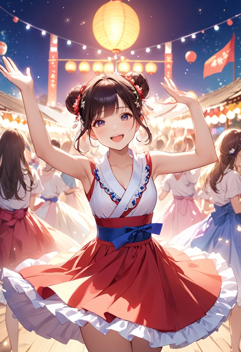 Highest quality、High resolution、Detailed Background、Teenage beauty、Detailed face、cuteカラーの髪色、Bun Hair、Perfect body line、(Bon Odori venueでdancing lively少女:1.5)、(Dancing with hands up high:1.5)、night、Festivals、Bon Odori venue、A big smile、cute柄の浴衣、dancing lively、Waving your hands back and forth、Waving your hands left and right、Coordinated hand and foot movements、Traditional Japanese summer festivals、盆踊りはnightに行われるため提灯やランタンが灯りを灯し幻想的な雰囲気を醸し出します、cute