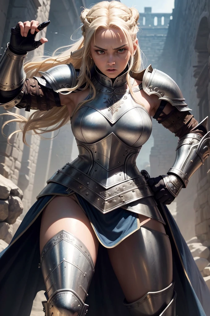 This image portrays a fierce and powerful female warrior. She has long, blonde hair styled in braids and wears detailed, silver armor with fur accents, giving her a formidable and commanding presence. Her armor includes shoulder guards, gauntlets, and knee-high boots, all intricately designed with a blend of medieval and fantasy elements. She has a large sword slung over her back, hinting at her combat prowess. Her confident expression and strong stance further emphasize her warrior nature.
