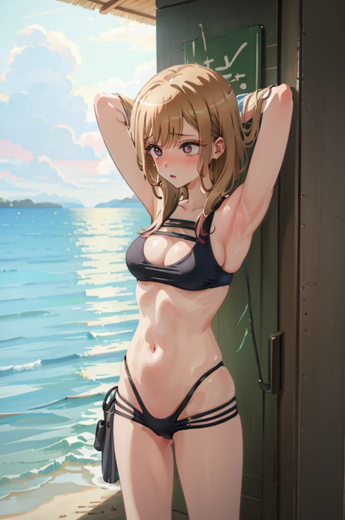 Light brown hair、bikini姿、エッチbikini姿、Random pose、bikini、Light brown hair、Semi-long hair、Pale red eyes、Random pose、Seaside、Sea view road、Blushing、Embarrassed expression、、Pale purple eyes、、Blushing、lipstick、Perfect hands、Detailed hands、Random pose、Black Hair、Small breasts、ランダムなSwimwear、、Blushing、Embarrassed expression、Swimwear、masterpiece, best quality, 1 girl, 独奏, large breasts, brown eyes, parted bangs, gray hair, shaggy cut hair, competitive swimsuit, pool, (wet:1.1), water drops, ass povpinch, hand on pussy, cleft of venus, pussy, looking at viewer, spread legs, ass pov, ass pov hand, arms up, arms behind head, from above