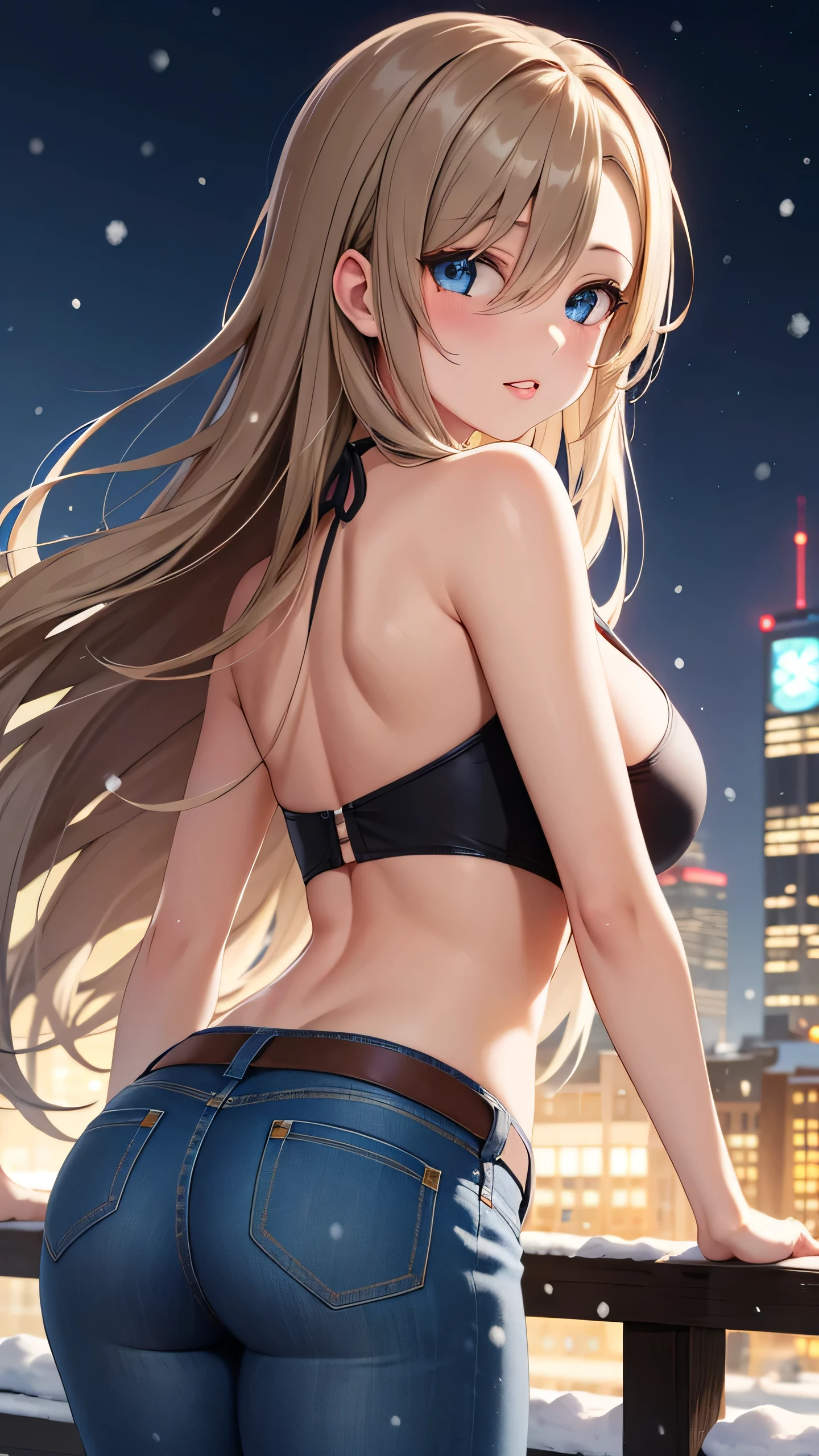 masterpiece, best quality, highly detailed, ultra high res, ayase arisa, ichinose asuna, 1girl, solo, light brown hair, blue eyes,very long hair,hair over one eyes, glossy lips, full lips, large breasts, city, winter, snow, halter top, jeans, looking back at viewer