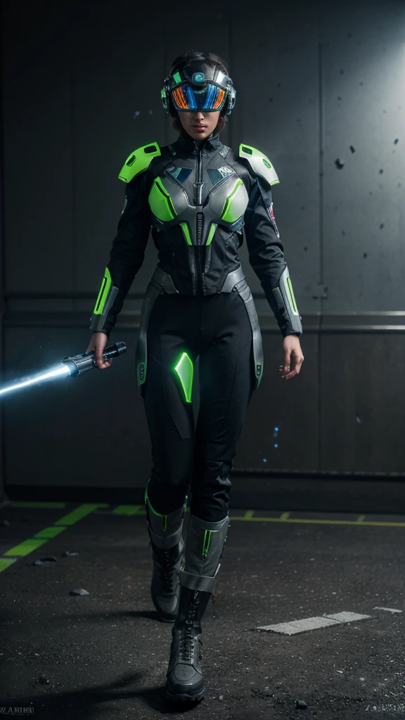4D hyperrealistic image of a highly advanced robotic in dynamic pose, wearing futuristic jacket on its suit, featuring a sleek design with a combination of gray and vibrant green colors, with intricate mechanical components such as gears, pistons, a futuristic helmet with a glowing visor, set against a dusty battlefield background, shooting with a plasma weapon with blue plasma light, bullet casings scattered around, a damaged energy shield generator on its back, torn fabric on elbows and knees, and wear and tear on the boots.