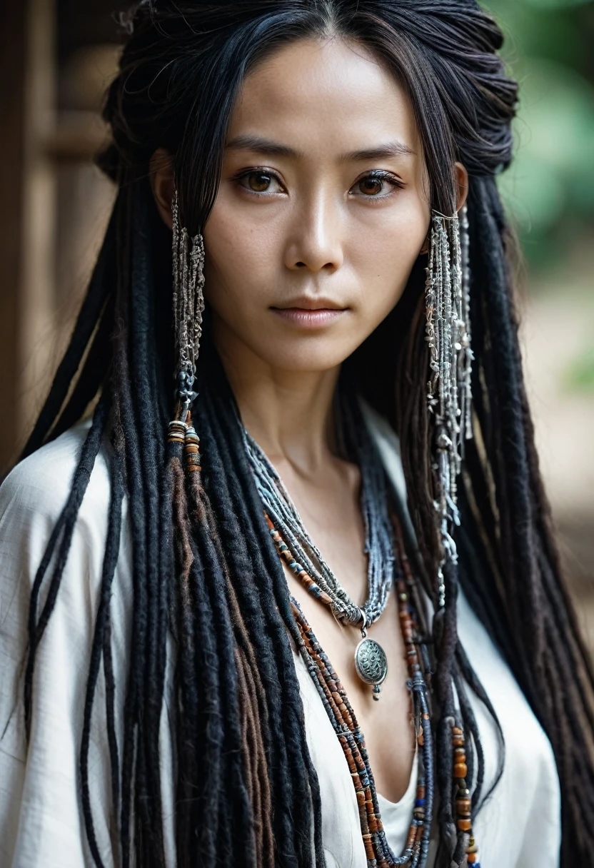 Close-up portrait photography, Beautiful Japanese woman with very long black dreadlocks and loose hair, Long and beautiful、Slim and、Elegant and confident、A face with fine wrinkles, Beautiful big brown eyes, Elegant and thin silver face chain accessory, Fantasy Tribal Charm Inspirational Information
