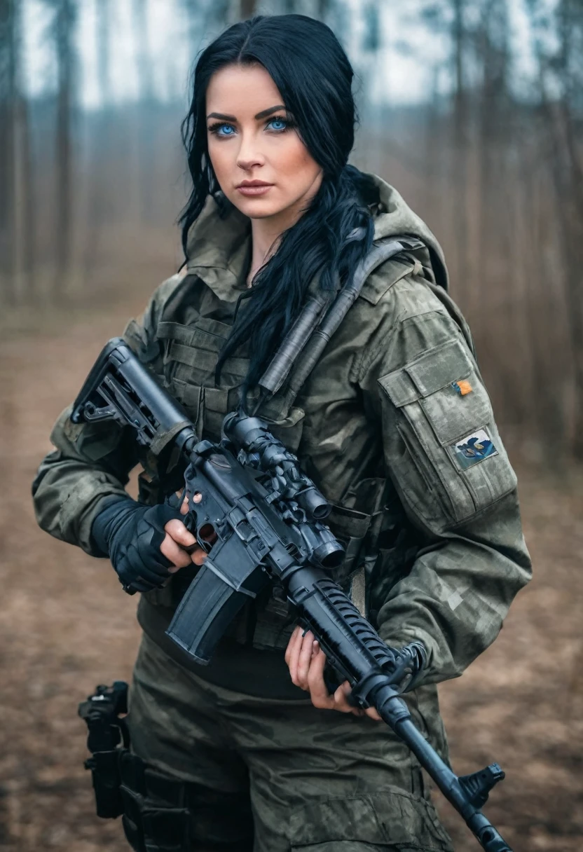 A young woman with black hair and blue eyes, dressed in military attire, posing for a photo shoot holding a rifle outdoors, uma reminiscência de Call of Duty e Escape from Tarkov's Private Military Company (PMC), on the right arm, there is volumetric lighting, soft glow, Depth of field, highly detailed photograph, low-contrast, pastel colours, como Kodak Portra 400, in 8k resolution, gazing at viewer, perfect hands, war zone background