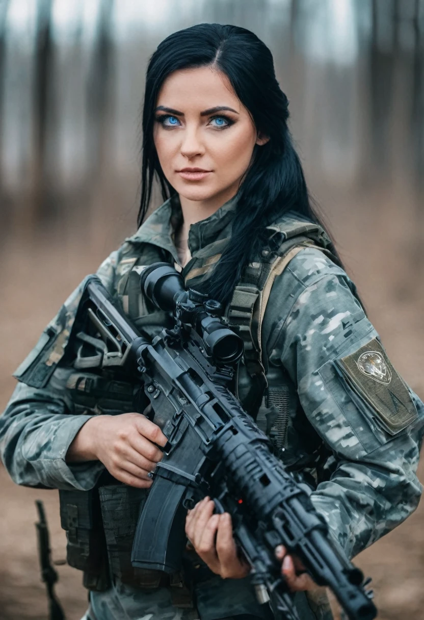 A young woman with black  hair and blue eyes, dressed in military attire, posing for a photo shoot holding a rifle outdoors, uma reminiscência de Call of Duty e Escape from Tarkov&#39;s Private Military Company (PMC),  on the right arm, there is volumetric lighting, soft glow, Depth of field, highly detailed photograph, low-contrast, pastel colours, como Kodak Portra 400, in 8k resolution, gazing at viewer, perfect hands, war zone background