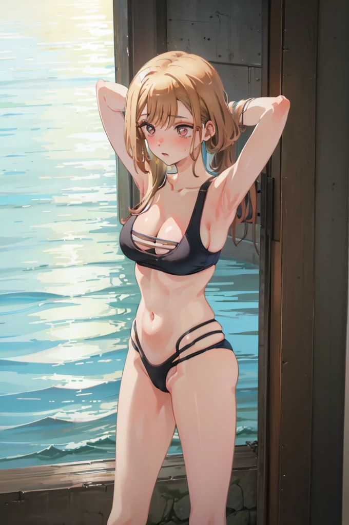 hand bra、Hide your with your hands、one-piece swimsuit, strap slip、nsfw, nipples、Chestnut Hair、Red swimsuit、Ocean、one-piece swimsuit, strap slip、Sandy Beach、Wet、Blushing、