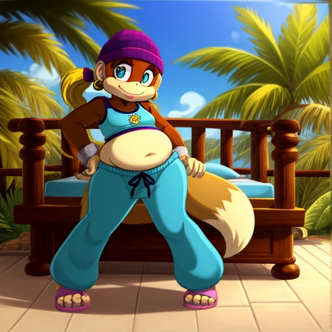 masterpiece, best quality, high resolution, full body, perfect body, perfect face, great detail, depth of field, tinykong, anthropomorphic, blonde hair, twin tails, baggy pants, monkey, crop top, light brown fur, beanie, anthro monkey, solo, 1girl, jungle background, palm trees, curvy hips, cel shaded, cartoon, flirty pose, looking at viewer, Vore large belly inside tails the fox mobian male belly bed on 