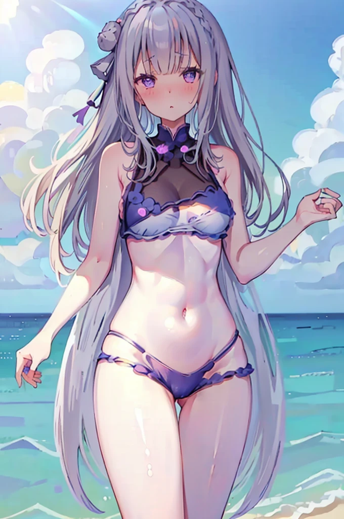 Random pose、Random swimsuit appearance、Sexy swimsuit、NFSW、Random pose、Polka dot bikini、Polka dot bikini、Light silver hair、Semi-long hair、Random pose、Ocean、Sandy Beach、Blushing、Embarrassed expression、、Pale purple eyes、、Blushing、lipstick、Perfect hands、Detailed hands、Wet、