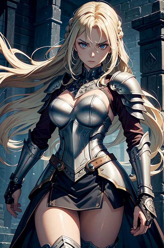 This image portrays a fierce and powerful female warrior. She has long, blonde hair styled in braids and wears detailed, silver armor with fur accents, giving her a formidable and commanding presence. Her armor includes shoulder guards, gauntlets, and knee-high boots, all intricately designed with a blend of medieval and fantasy elements. She has a large sword slung over her back, hinting at her combat prowess. Her confident expression and strong stance further emphasize her warrior nature.