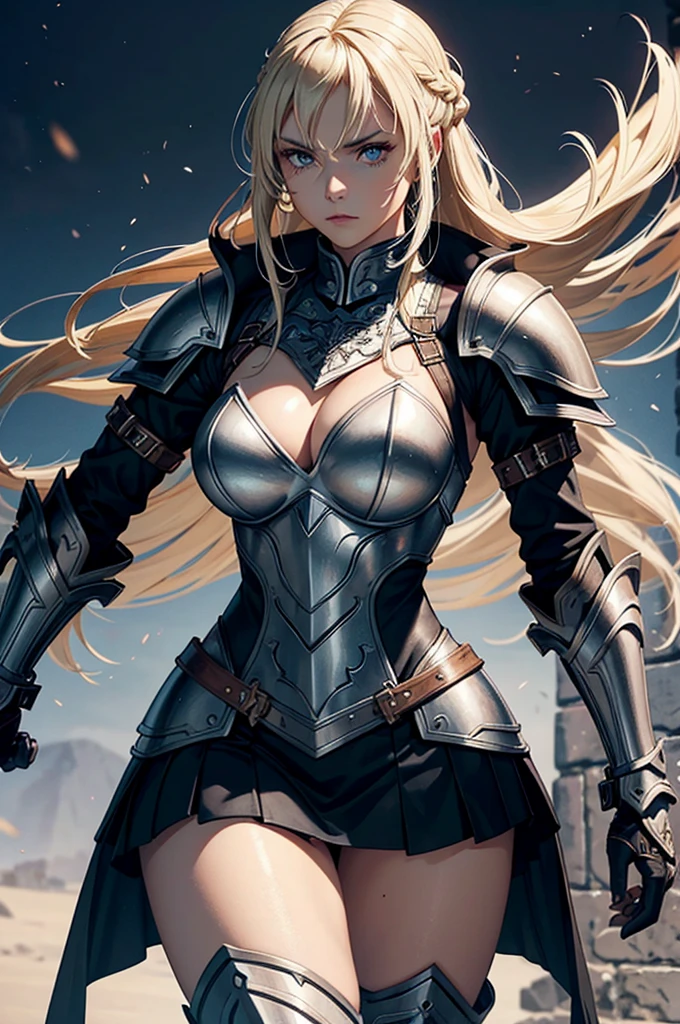 This image portrays a fierce and powerful female warrior. She has long, blonde hair styled in braids and wears detailed, silver armor with fur accents, giving her a formidable and commanding presence. Her armor includes shoulder guards, gauntlets, and knee-high boots, all intricately designed with a blend of medieval and fantasy elements. She has a large sword slung over her back, hinting at her combat prowess. Her confident expression and strong stance further emphasize her warrior nature.