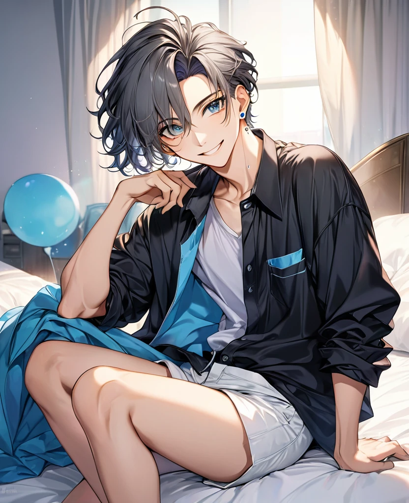 (full quality, artwork) en la imagen se puede cer a un hombre joven estilo anime 80's y 90's con el cabello negro corto, His eyes are large and expressive gray., When he smiles, a pair of dimples form on his cheeks that make him look flirtatious., his skin is white and clear, He has a piercing in his left eyebrow, He is wearing a huge shirt that slides over his right shoulder, leaving it exposed., He is sitting on a bed showing his long legs with a mischievous smile and disheveled hair.