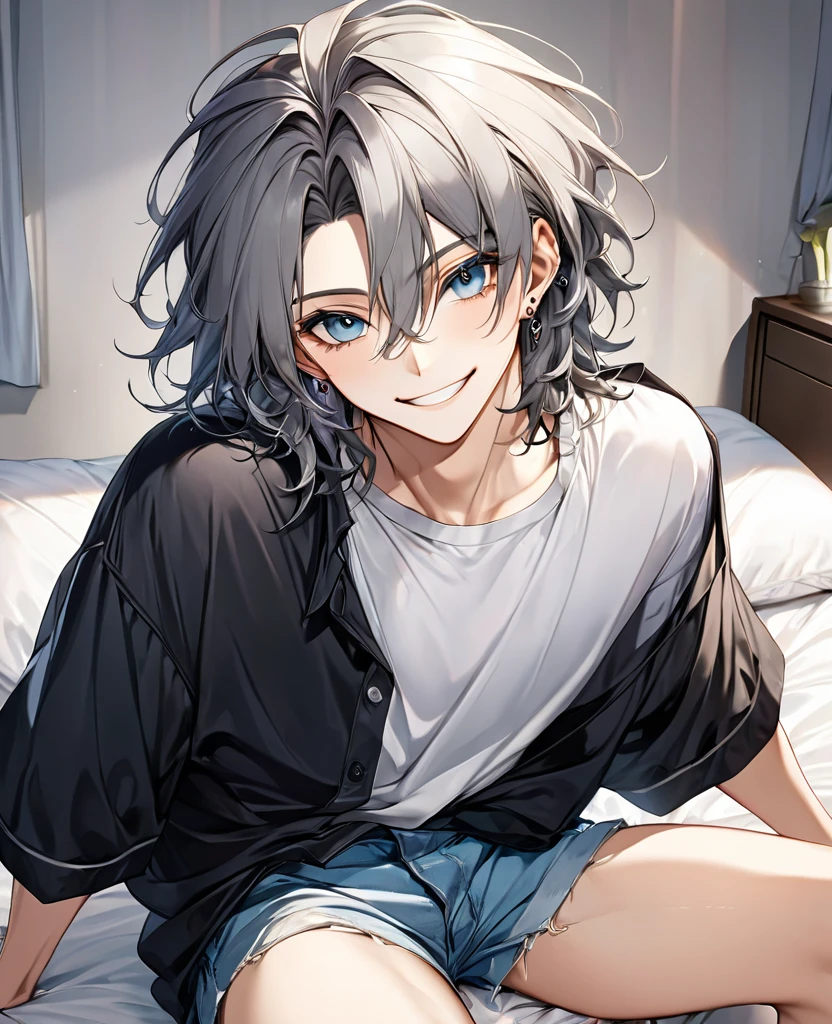 (full quality, artwork) en la imagen se puede cer a un hombre joven estilo anime 80's y 90's con el cabello negro corto, His eyes are large and expressive gray., When he smiles, a pair of dimples form on his cheeks that make him look flirtatious., his skin is white and clear, He has a piercing in his left eyebrow, He is wearing a huge shirt that slides over his right shoulder, leaving it exposed., He is sitting on a bed showing his long legs with a mischievous smile and disheveled hair.
