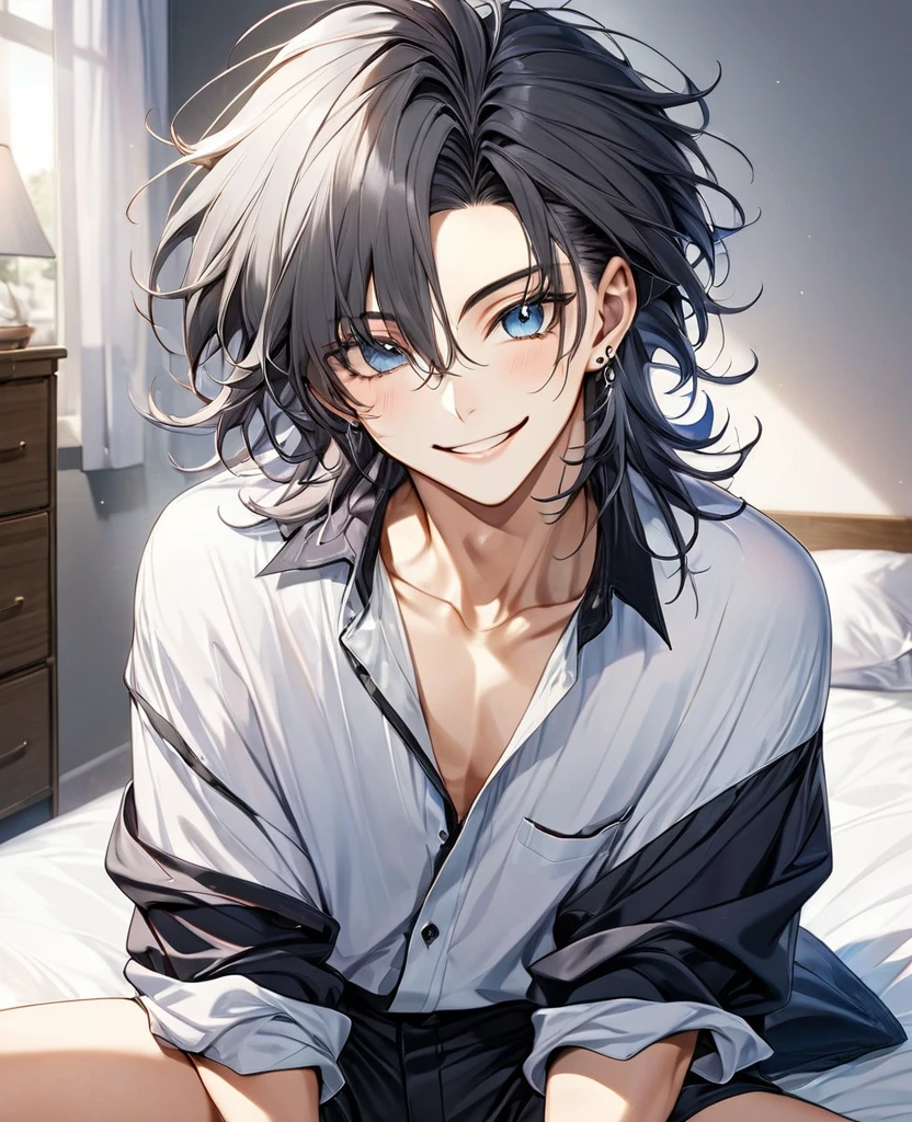 (full quality, artwork) en la imagen se puede cer a un hombre joven estilo anime 80's y 90's con el cabello negro corto, His eyes are large and expressive gray., When he smiles, a pair of dimples form on his cheeks that make him look flirtatious., his skin is white and clear, He has a piercing in his left eyebrow, He is wearing a huge shirt that slides over his right shoulder, leaving it exposed., He is sitting on a bed showing his long legs with a mischievous smile and disheveled hair.