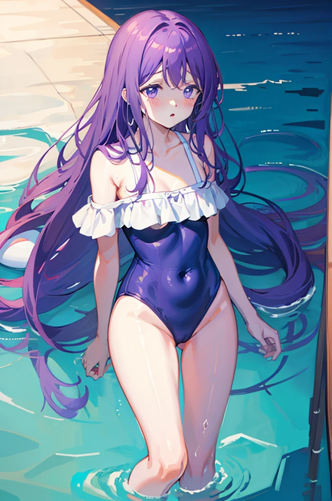 Small breasts、Random Swimsuit、Light purple hair、Semi-long hair、Pale purple eyes、Wet、、Looks like she&#39;s about to cum、Glamorous expression、Blushing、Random Swimsuit、Patterned swimsuit、Undressing、、Ocean、Sandy Beach、M-shaped legs、Random pose,、Light purple hair、Semi-long hair、Pale purple eyes、night、、、Blushing、Perfect hands、Detailed hands、	masterpiece, best quality, 1 girl, 独奏, large breasts, purple eyes, bangs, black hair, braids hair, pool, in the pool, (wet:1.1), water drops, one-piece swimsuit, (strap slip:1.3), nsfw, nipples
