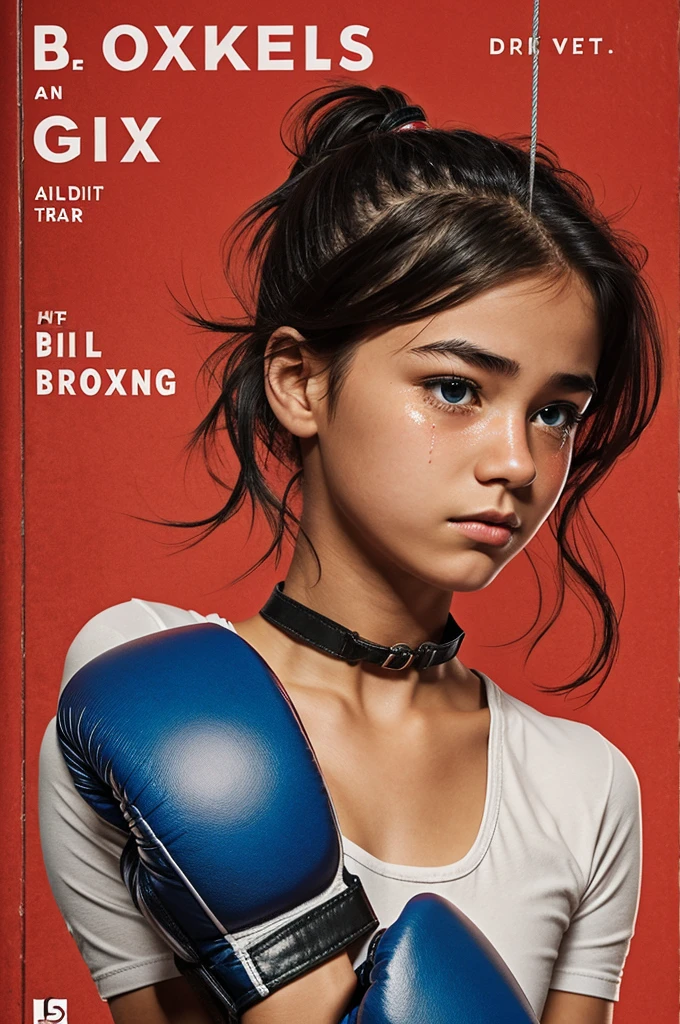 A book cover in which the girl is with boxing gloves hanging from her neck and tears in her eyes that is animated