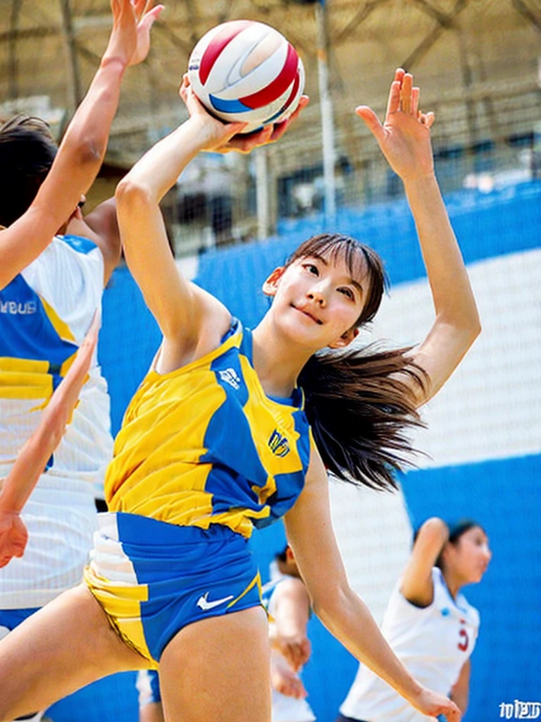 An image of a high school girl volleyball player in summer uniform, with short boyish hair and flashy makeup.