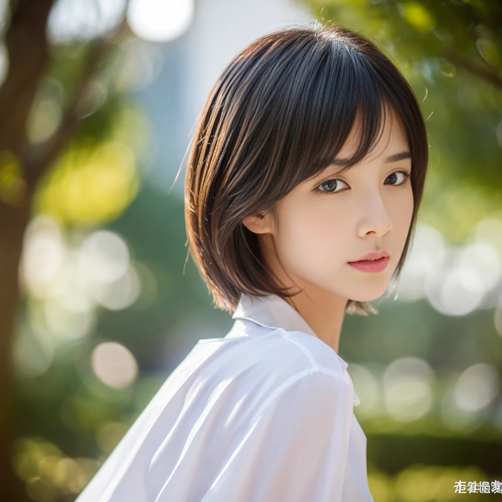((Highest quality、In 8K、masterpiece:1.3))、Sharp focus:1.2、Beautiful woman perfect body:1.4、Slim Abs:1.2、((Short Hair:1.2))、(trendy fashion in tokyo、shirt:1.1)、White background、Wet body:1.5、Three-dimensional texture、Detailed eyes、(Brown Hair、Black Hair:1.2)、Very shiny hair、Backward view、Hair quality improvement、Handsome short、Short-haired blonde。