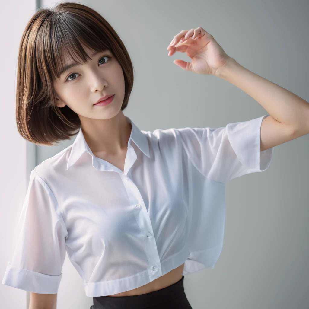 ((Highest quality、In 8K、masterpiece:1.3))、Sharp focus:1.2、Beautiful woman perfect body:1.4、Slim Abs:1.2、((Short Hair:1.2))、(trendy fashion in tokyo、shirt:1.1)、White background、Wet body:1.5、Three-dimensional texture、Detailed eyes、（Brown Hair、Black Hair:1.2)、Very shiny hair、Backward view、Hair quality improvement、Handsome short、Short-haired blonde。
